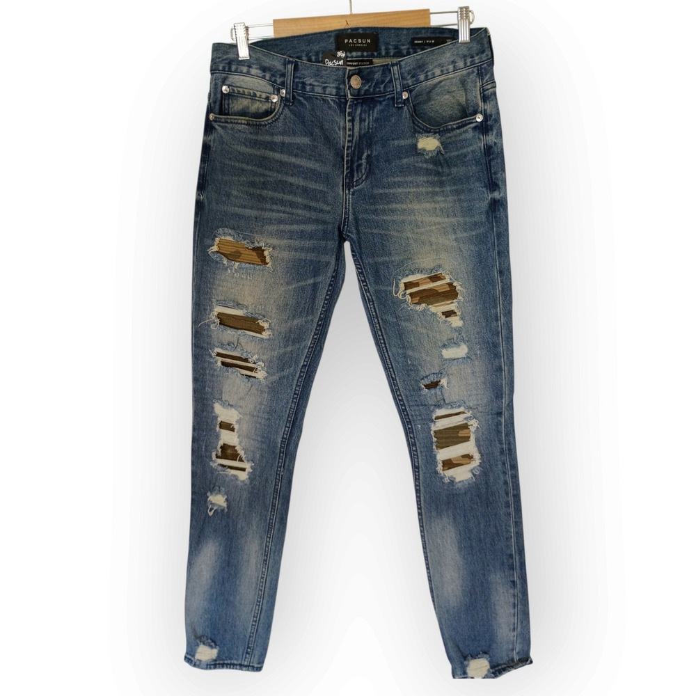 PacSun Skinny Distressed Jeans Camo Patch Ripped Medium Wash 31x32 Mens Denim